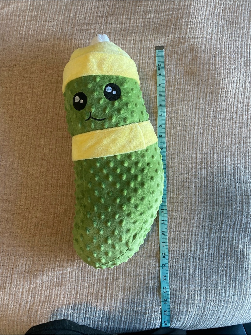 Large Green Plush Pickle Dog Toy with Yellow Hat